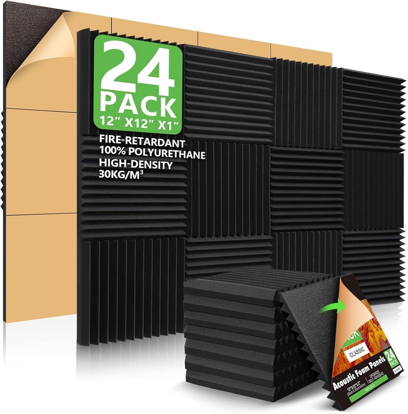 Dmsky 24 Pack Acoustic Panels, 1" X 12" X 12" Acoustic Foam Panels, Sound Proof Foam Panels, Self-Adhesive Soundproof Wall Panels ,Fire-Proofed Soundproofing Wedges,Acoustic Treatment Foams for Home-Black - Image 1